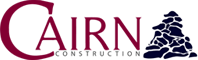 The words 'Cairn contrusction'The 'Cairn' is in a maroon colour and construction is in grey.There is an outline of a pile of rocks in a tower.