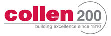 The words 'collen200'.The words 'collen' are in majenta,the '200'are in a grey circle with a small opening.There is a small grey line below that with the words 'building excellence since 1810' in small grey font.