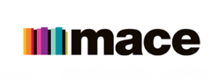 The words 'mace' a black,bold.In front of it there is multicoloured lines vertically.
