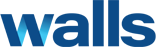 The word 'walls' in navy blue.The 'w' has a blue fade effect from navy blue to cyan.