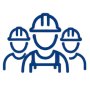3 blue outlined people one in the front and the other two slightly hidden behind him all wearing work clothes and hard hats