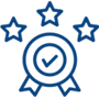 a blue outlined rosette with a tick in the middle and 3 stars at the top
